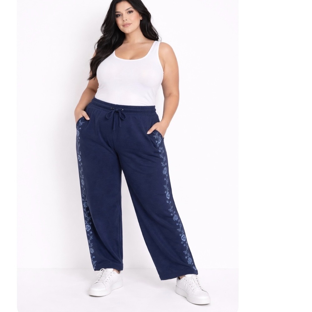 Chico's Navy Floral-Trim Track Pants